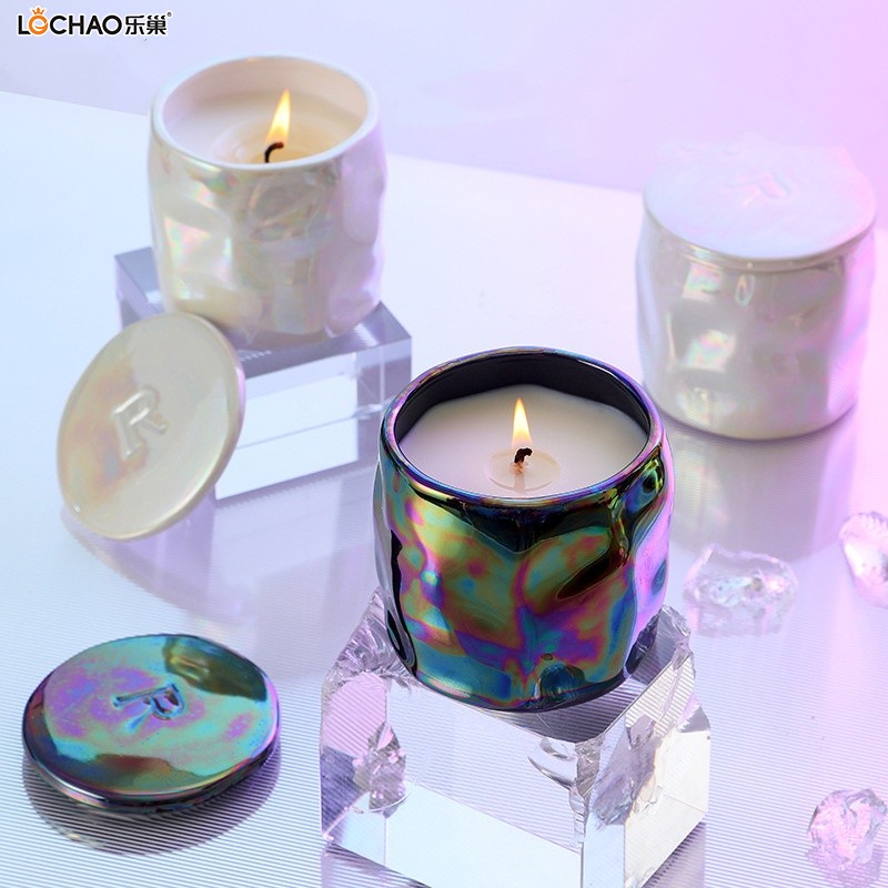 Bougie D'aromathérapie En Céramique Noire Et Blanche Avec Glaçure Perlée